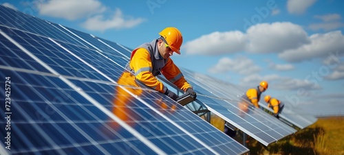 Installing a Solar Cell on a field. Solar panels on field.