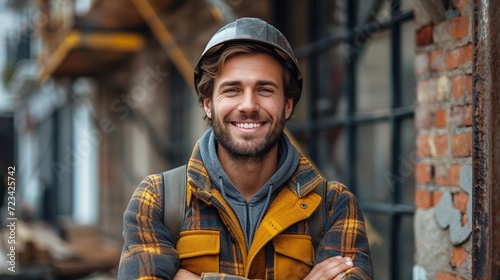 Cute Caucasian bearded construction worker with safety helmet on head photo