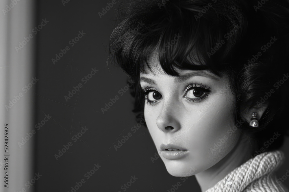Retro Elegance: Pensive Young Woman with Classic 1960s Hairstyle