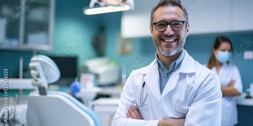 A handsome confident male doctor in a dental clinic office photo