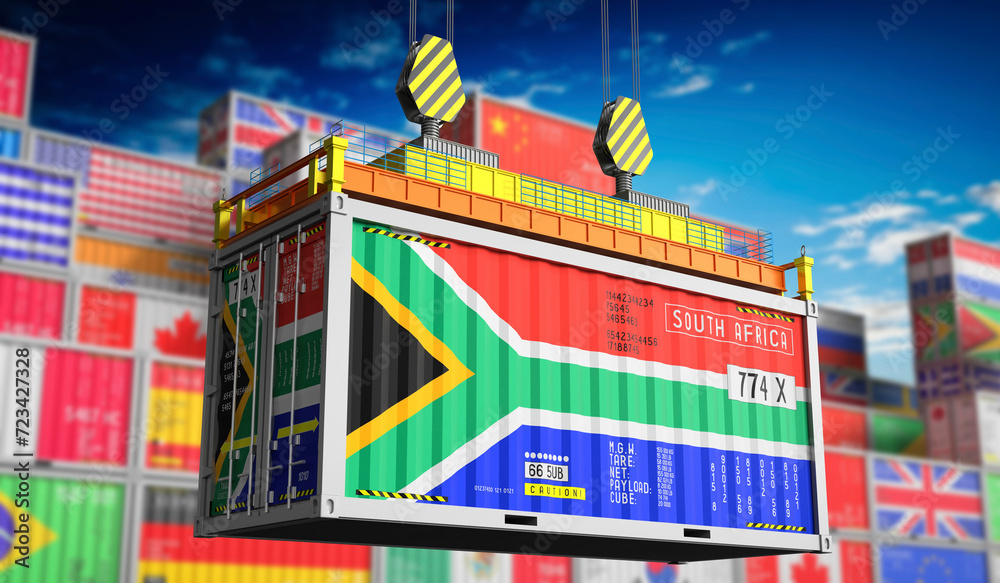 Freight shipping container with national flag of South Africa - 3D illustration