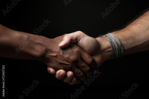 A handshake between different races and cultures, portraying the unity and shared values essential for a world built on freedom. Generative Ai.