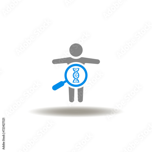 Vector illustration of human body and magnifier with dna helix. Icon of research, testing, examination huamn body health. Symbol of BMI Body Mass Index.