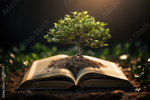 A tree growing from a book, embodying the idea that knowledge is the fertile soil for the growth of revolutionary concepts. Generative Ai.