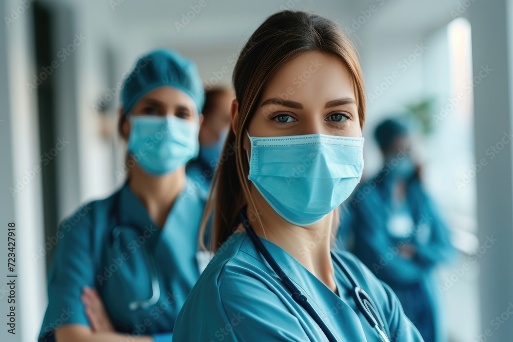 Doctors wearing masks have conversation about medical treatment in Doctors wearing masks have conversation about medical treatment in