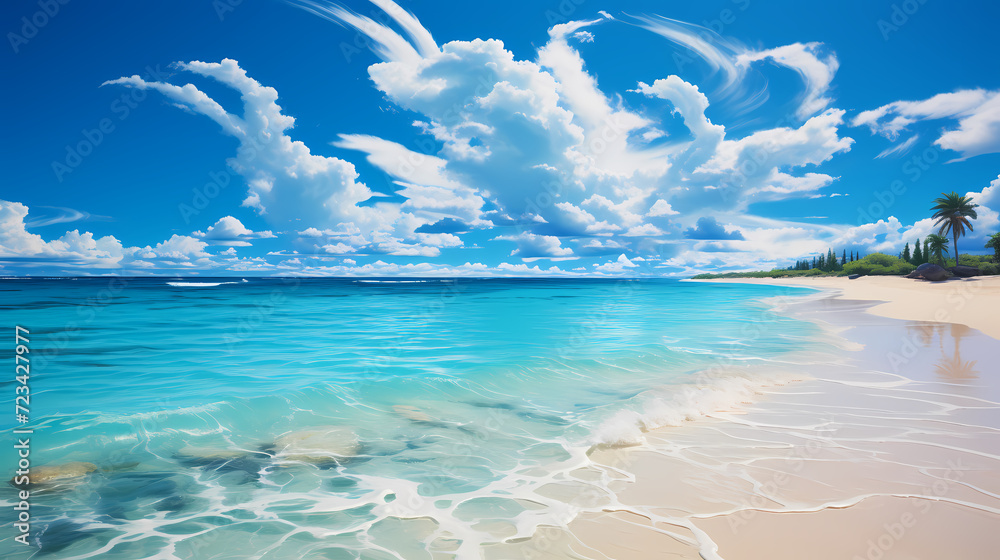 Obraz premium Sandy beach with light blue transparent water waves and sunlight, tranquil aerial beach scene