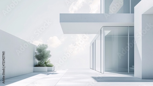 Modern White Architecture with Minimalist Design and Plant © Jyukaruu's Studio