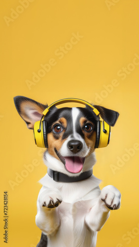 Cute dog listens to music on headphones, raised its paws up.