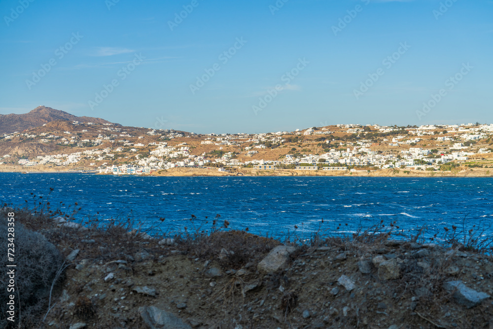 Waterfront view of Mykonos village at the coast of Mykonos island. 