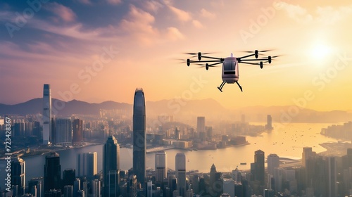 Futuristic Autonomous Drones over Cityscape at Sunset. Generative ai