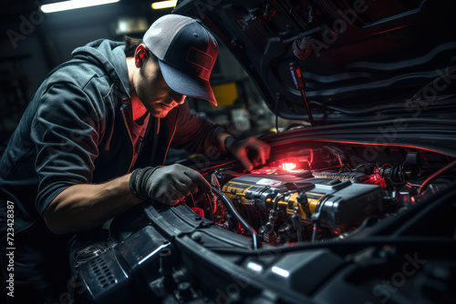 A mechanic working under the hood of a car, emphasizing the technical skills and expertise in the automotive industry. Generative Ai.