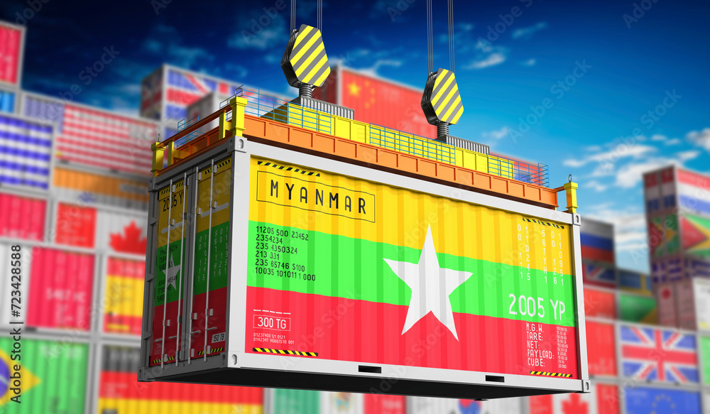 Freight shipping container with national flag of Myanmar - 3D illustration