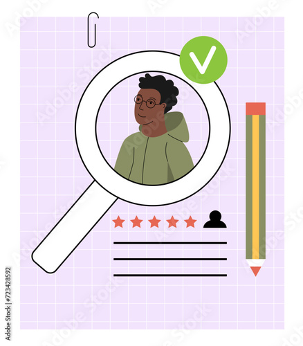 Recruitment and hiring concept. Human recourses searching for new employee.  Job interview, recruitment agency vector illustration.  Young Afro-American man candidate with magnifying glass. Vector