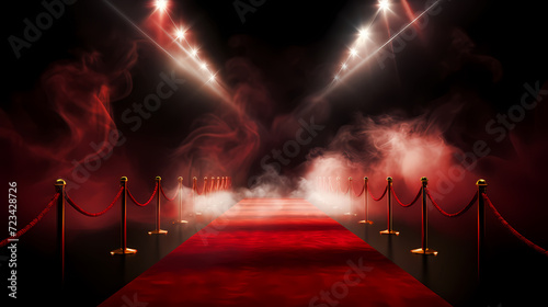 Red carpet staircase with smoke and spotlights, holiday awards ceremony event © xuan