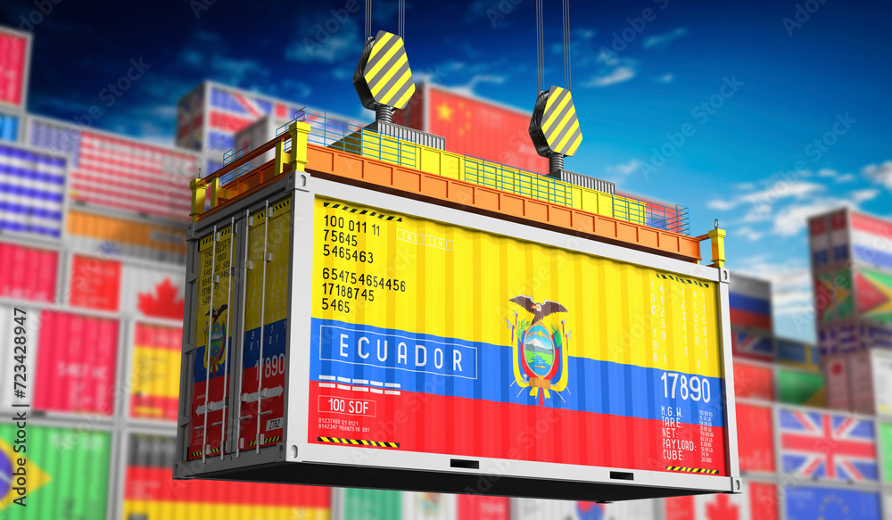 Freight shipping container with national flag of Ecuador - 3D illustration