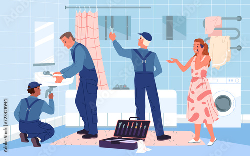 Repair service for fixing bathroom equipment and plumbing systems. Installation of sink by team of technicians in home interior, handyman in uniform working with wrench cartoon vector illustration