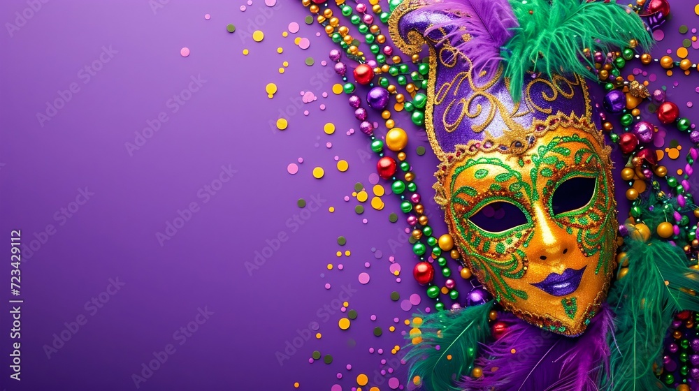 Vibrant Mardi Gras Mask and Beads Celebration. Generative ai