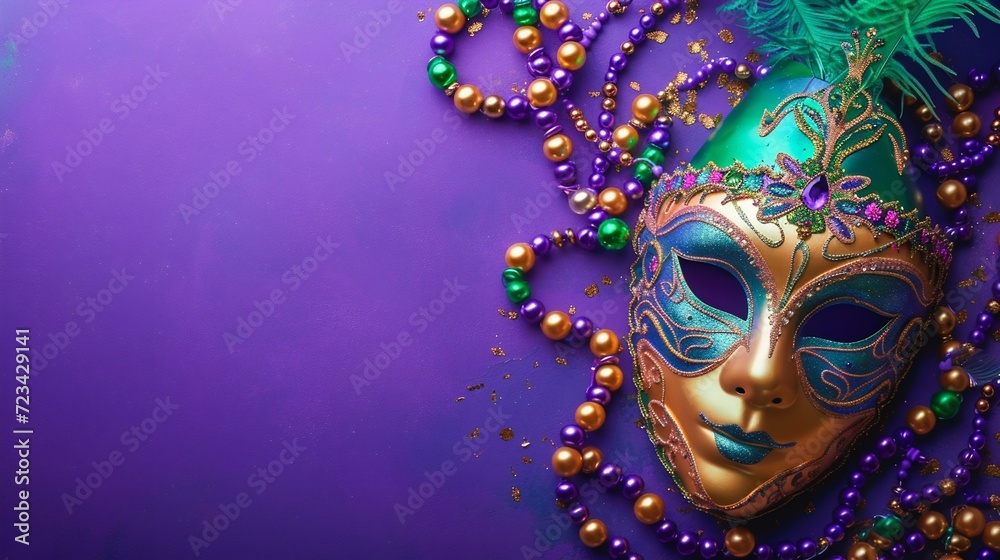 Vibrant Mardi Gras Mask and Beads Celebration. Generative ai