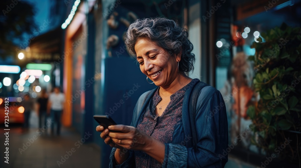 Happy smiling senior woman is using a smartphone outdoors