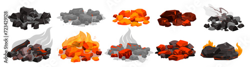 Burning coal with fire set. Charcoal black embers pile and hot rocks burn in fireplace with red bright flame, ash and smoke, burnt glowing stones bunch from grill oven cartoon vector illustration
