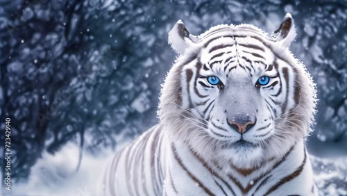 Close up of a big white tiger head. Bleached tiger of India in a snowy forest and winter background with copy space. Wildlife cinemagraph background. photo