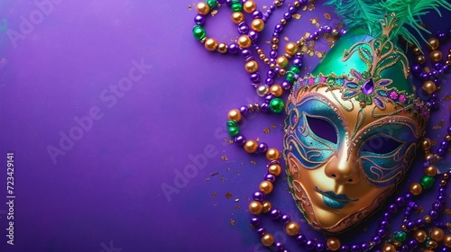 Vibrant Mardi Gras Mask and Beads Celebration. Generative ai