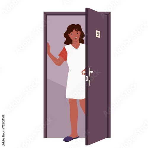 Young woman opening door to say hello and welcome. Girl standing behind open door in doorway and looking at corridor, happy female character in funny casual dress greeting cartoon vector illustration