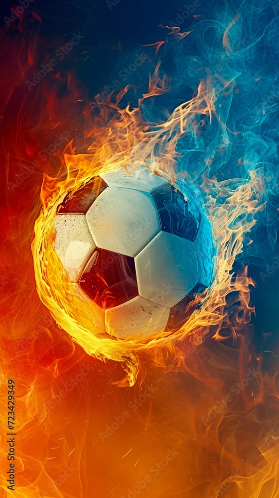 Naklejka premium Soccer Ball Ablaze with Blue and Orange Flames. Generative ai