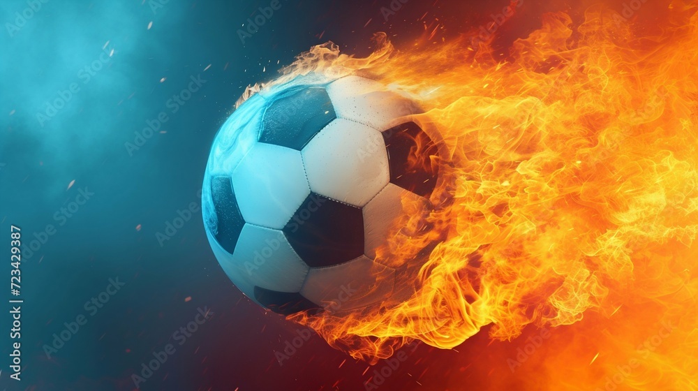 Soccer Ball Ablaze with Blue and Orange Flames. Generative ai
