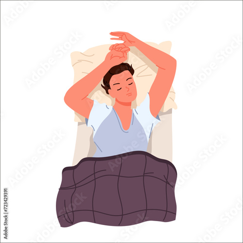 Man sleeping in cozy bed at night, bedroom top view. Young guy lying on pillow under blanket in cute comfortable pose with hands up to sleep through nap time at home cartoon vector illustration