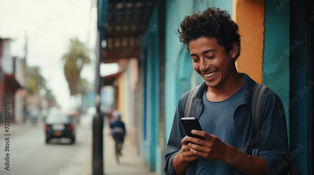 Obraz premium Happy smiling young man is using a smartphone outdoors