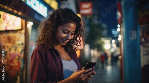 Happy smiling young woman is using a smartphone outdoors 
