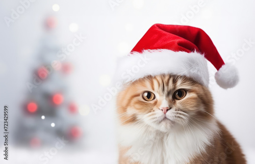 Cat with santa hat. New year concept. Place for your text or advertising..