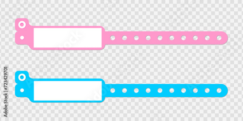 Set of hospital identification bracelets for newborns. Collection of medical wristband mockups with blank labels for patient information. Baby girl and boy ID handbands. Vector illustration