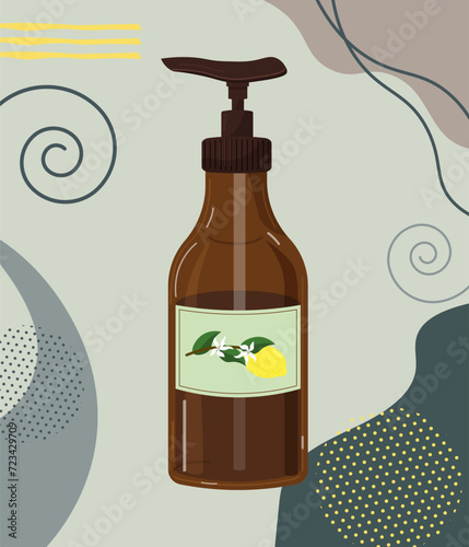 Cosmetic product with dispenser. Flyer with abstract background and bottle. Abstract background. Cosmetology and hygiene. Hand and shower gel, shampoo, liquid soap. Vector. For logos, flyers