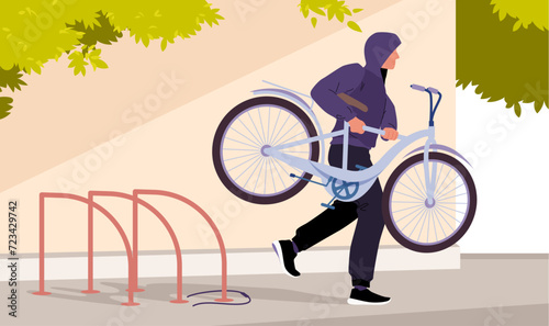 Thief stealing bicycle from rack in public city area, bike theft on street. Man carrying stolen personal transport and running, male criminal broke security lock to steal cartoon vector illustration photo