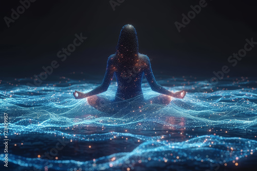 A digital rendering of sound waves emanating from a meditating person, illustrating the concept of vibrational energy. Concept of sound therapy and vibrational healing. Generative Ai. photo