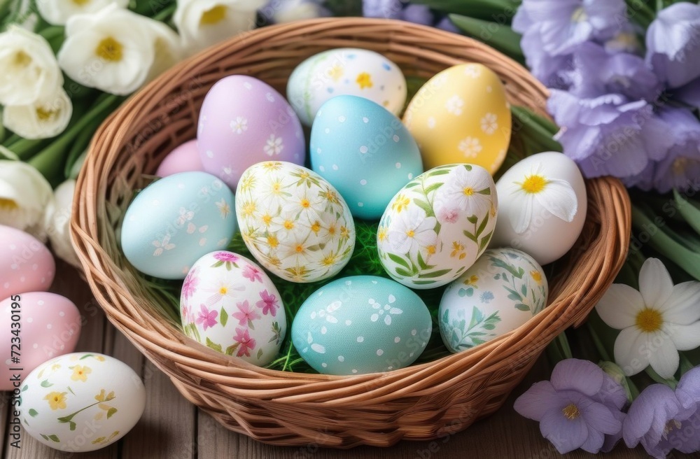 Fototapeta premium Wicker basket full of Easter-colored eggs surrounded by blossoming flowers. Bouquet of spring flowers with Easter eggs in a basket