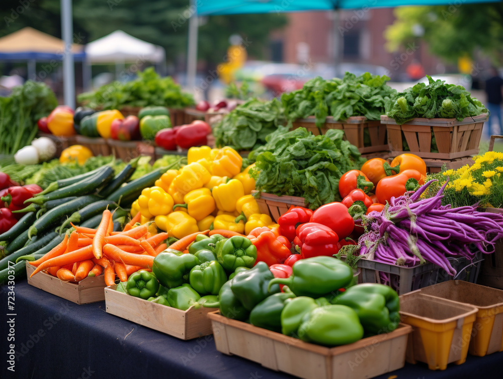 Vibrant display of fresh fruits and vegetables at a lively farmers market visit.