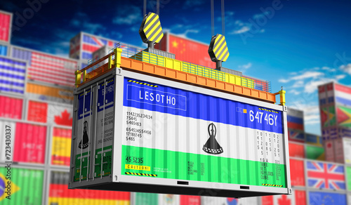 Freight shipping container with national flag of Lesotho - 3D illustration photo