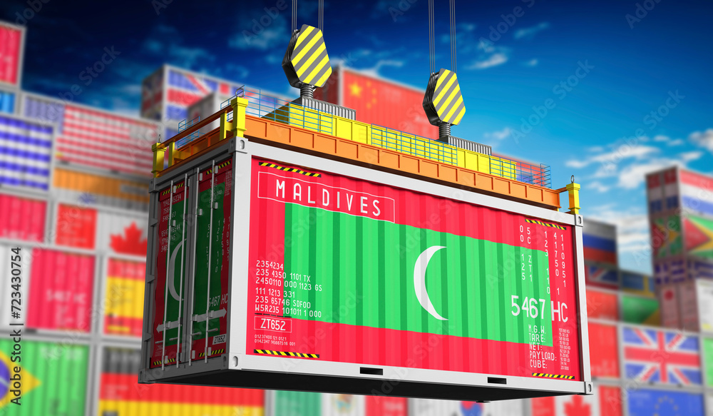 Freight shipping container with national flag of Maldives - 3D illustration