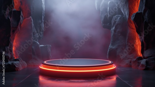 Round black podium with rocks and cave neon red lighting. Minimalist design in the night to display fashion products.