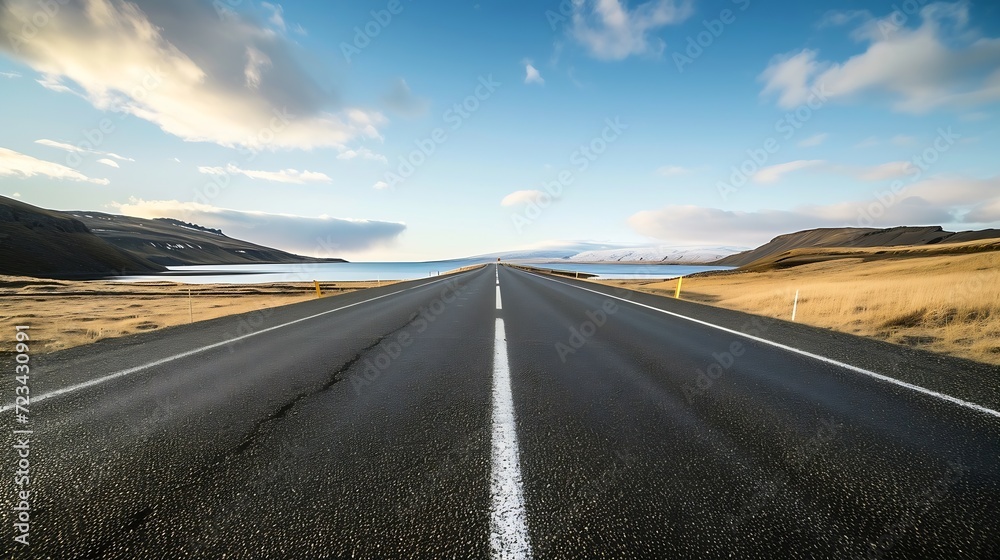 Naklejka premium Diminishing perspective of asphalt empty roadway with road markings passing through scenic lake against sky in iceland : Generative AI