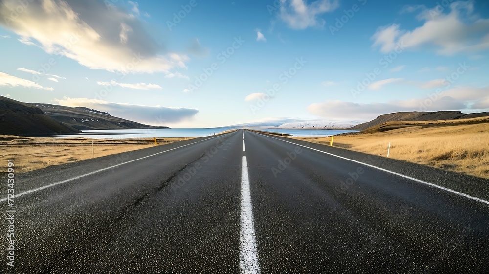 Diminishing perspective of asphalt empty roadway with road markings passing through scenic lake against sky in iceland : Generative AI