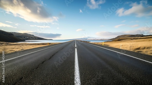Diminishing perspective of asphalt empty roadway with road markings passing through scenic lake against sky in iceland : Generative AI photo