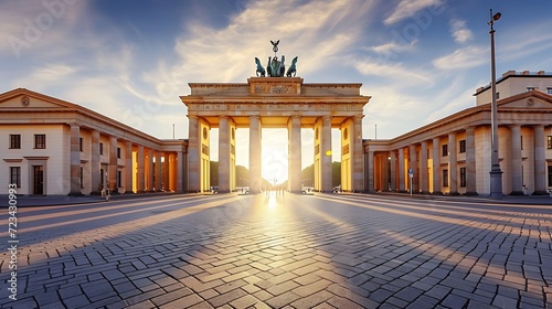 Classic view of famous Brandenburg Gate at Pariser Platz, one of the best-known landmarks and national symbols of Germany, on a beautiful sunny day in summer, central Berlin, Germany : Generative AI photo