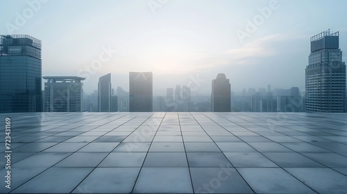Empty square floor and city skyline with building background   Generative AI