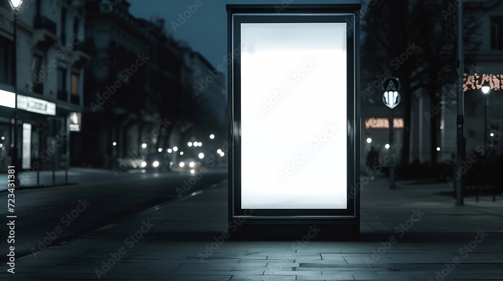 Blank white mockup of bus stop vertical billboard in empty street : Generative AI