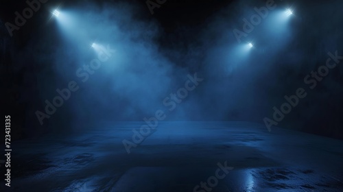 A dark empty street, dark blue background, an empty dark scene, neon light, spotlights The asphalt floor and studio room with smoke float up the interior texture. night view : Generative AI