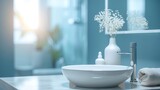 Empty tabletop for product display with blurred bathroom interior background : Generative AI